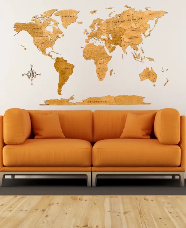 carte du monde en bois 2d Chêne