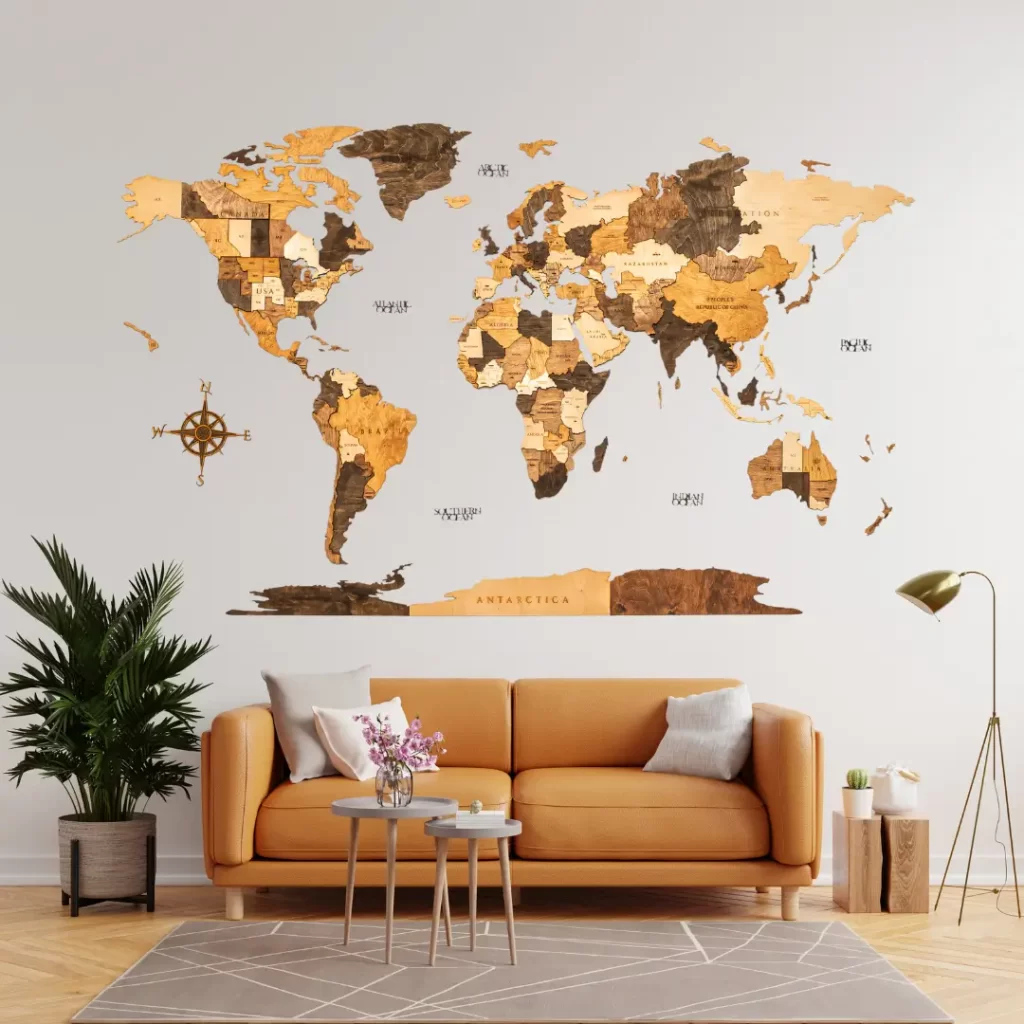 carte du monde 3d en bois